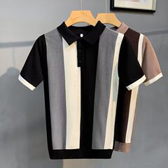 夏の新型氷糸縞襟半袖ニットシャツ男性ファッション青年ファッション