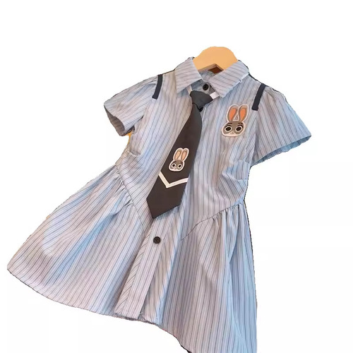 Striped College Style Dress for Girls 2024 Summer New Arrival Children's Baby Personality Cartoon Rabbit Embroidered Skirt