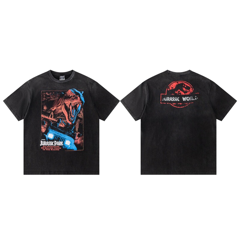 Saint New Loose Casual Washed Retro Ripped Jurassic Park Round Neck Short-Sleeved T-Shirt American Fashion Brand for Men