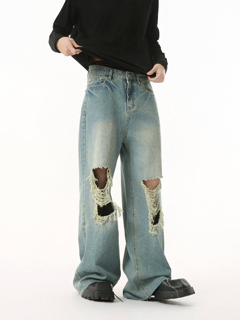 MTLCLOTHES Hombres| Nuevo estilo retro punk americano agujero de borda para hacer viejos jeans recto de moda