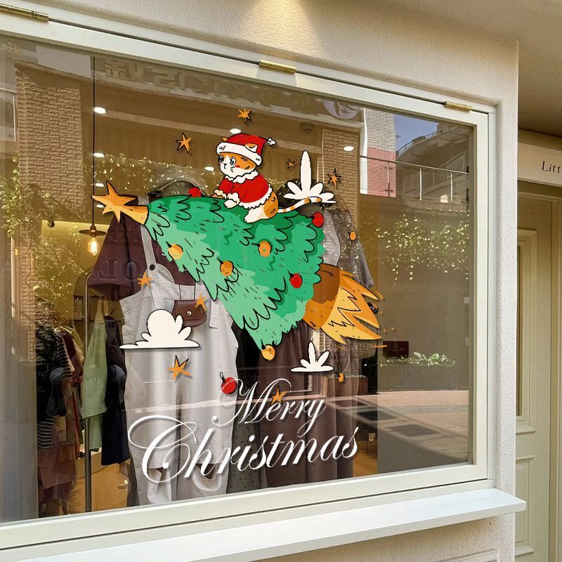 クリスマスイン漫画装飾ガラスステッカー新年バルコニーキッチンガラス引き戸新年アレンジメント静電ステッカー|undefined