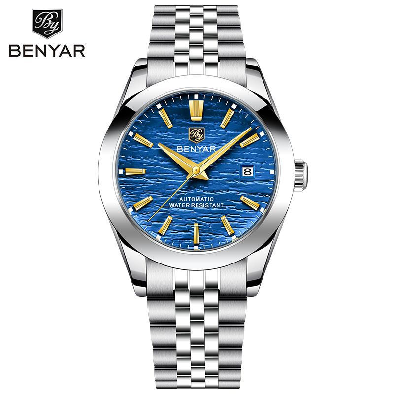 BENYAR calendario ondulado de acero inoxidable nocturno correa de reloj mecánico automático para hombres BY - 5209M