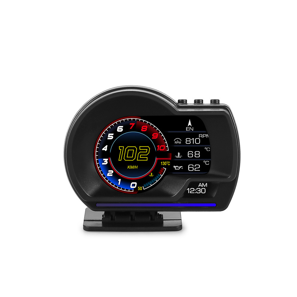 Full LCD screen OBD2 multi-function head-up display with water temperature, exhaust temperature, turbo intake speed, oil temperature, speedometer, and GPS