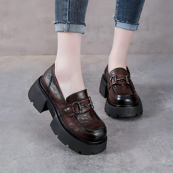Hand-Scratch Pattern Genuine Leather Platform Loafers Women's Retro British Style Small Leather Top Layer Cowhide Metal Buckle Single-Layer Shoes Women's Shoes