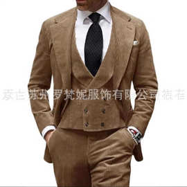 新款男士西装套装三件套休闲商务宴会舞会西装婚礼灯芯绒男士礼服