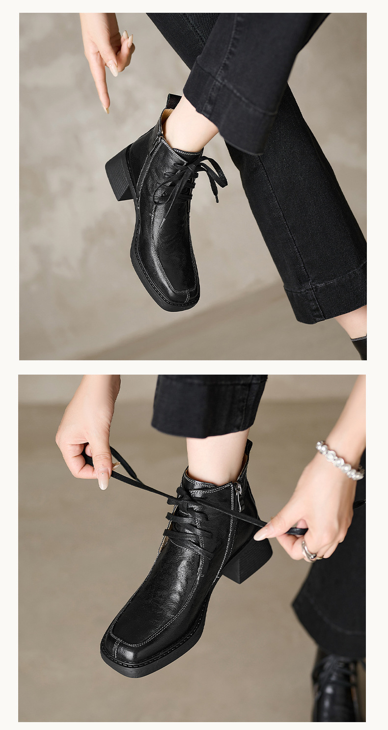 Boot nữ mũi vuông dây buộc da dê cao gót cổ ngắn lót nhung — Lớp lót nhung đen chi tiết 6