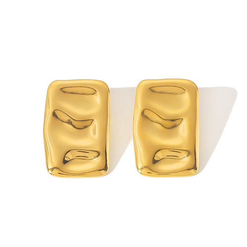Amazon titanium steel geometric rectangular pleated earrings 18k gold plated glossy exaggerated concave and convex earrings wholesale