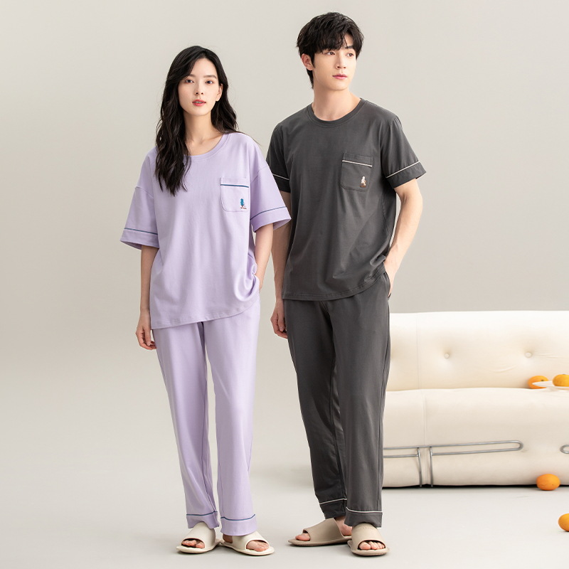 [Antibacteriano] pijama hombre de verano de mangas cortas de algodón pareja conjunto de mujeres casuales de color sólido de alta calidad ropa para el hogar