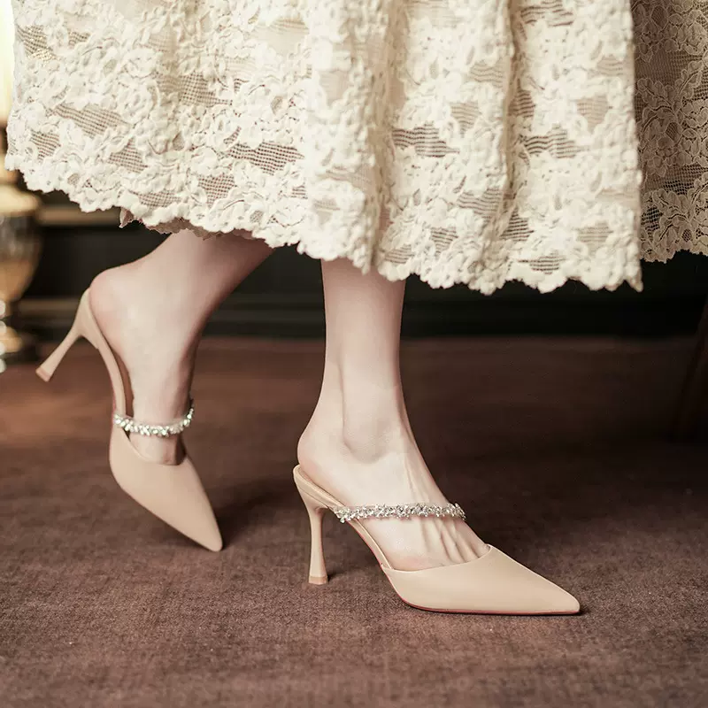 8189-1高跟鞋女单鞋细跟尖头包头半拖鞋外穿法式新款气质百搭凉鞋