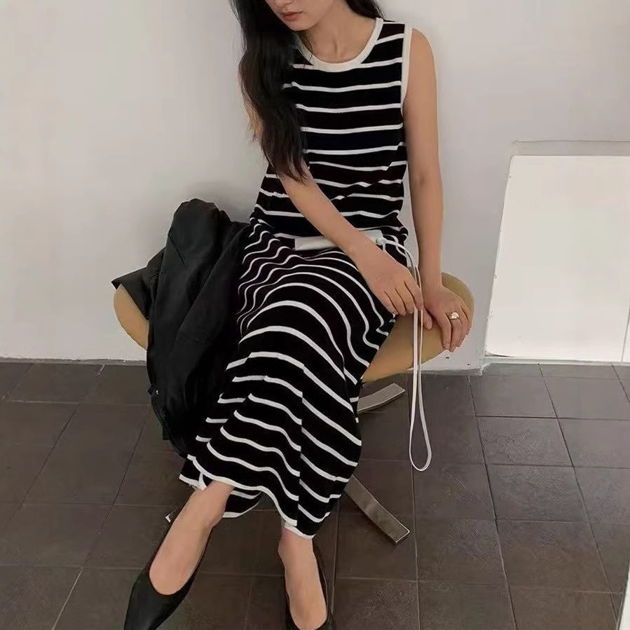 Summer New Striped Knitted Thin Loose Sleeveless Dress for Women Basic Versatile Knitted Breathable Long Dress