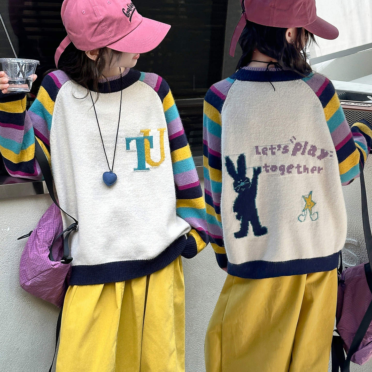 女童毛衣秋冬装2025新款儿童加厚保暖中大童撞色拼接条纹针织衫潮