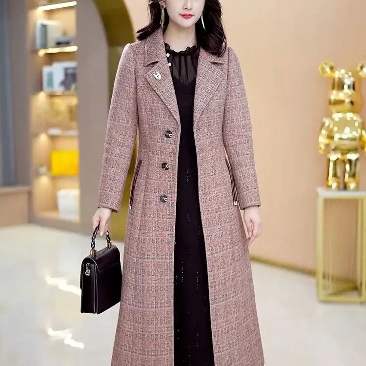 格纹过膝毛呢外套女秋冬新款时尚洋气减龄显瘦中长大衣|undefined