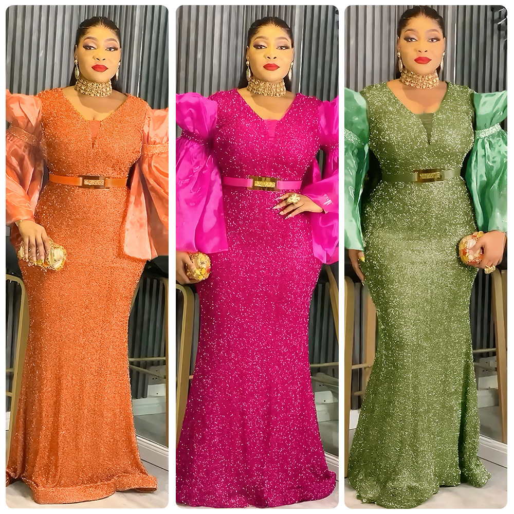 Women's Clothing Spring New V Neck Dress, Gold Fitted Waist, Puffy Sleeves, Courtly Retro Style, Elegant Long Evening Gown_ecoleips.com