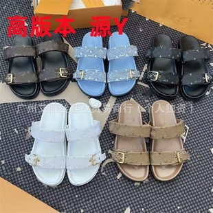 2024 New Foreign Trade European and American Beach Slippers Women's Outer Wear Flat Metal Buckle Double Buckle Sandals with Letters