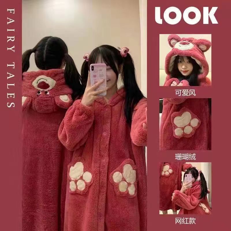 Lina Belle Pajama Set Cartoon Thickened Coral Fleece Robe Nightgown Women's Loungewear Can Be Worn Outside with Hood