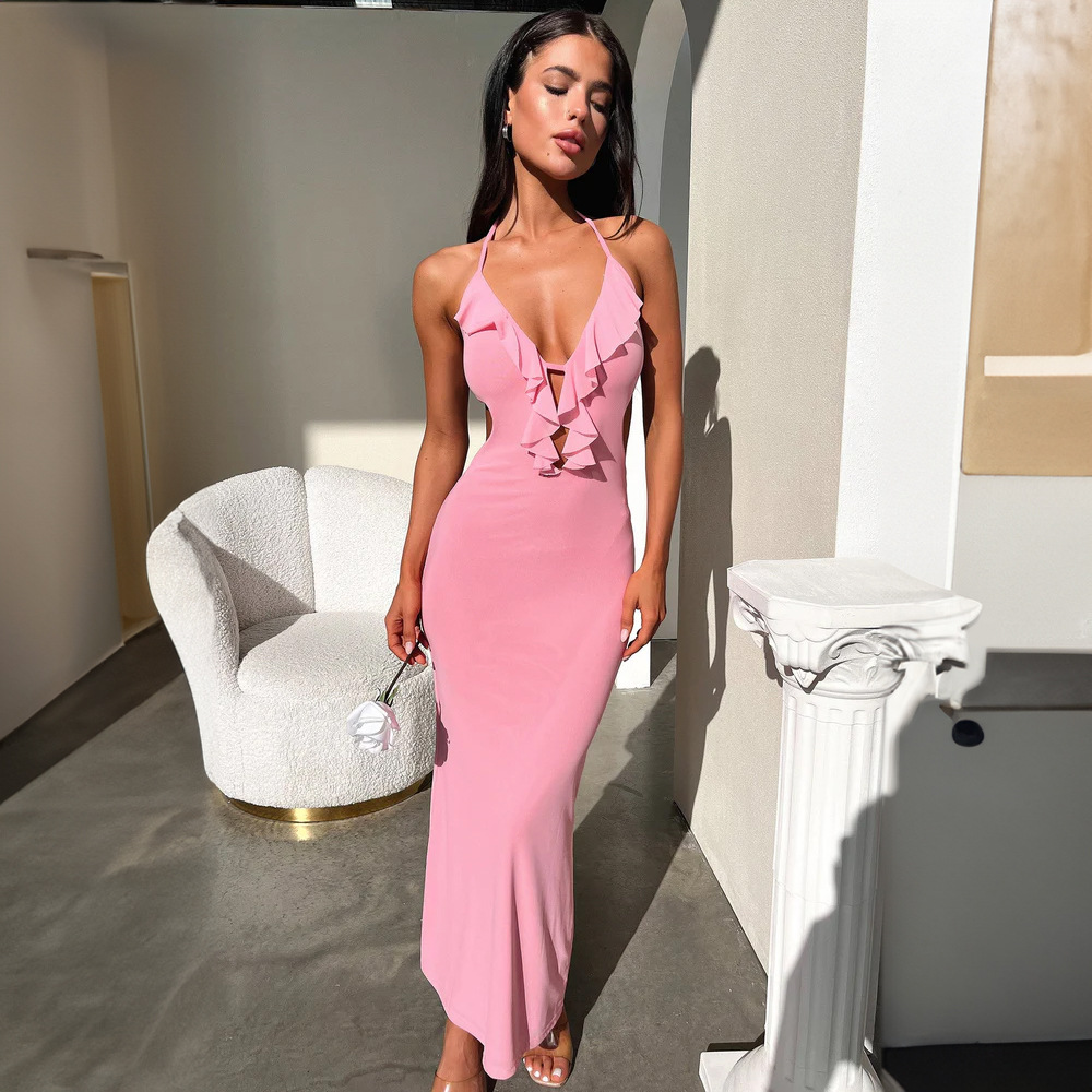 315g Weight Maxi Long Dress Dress Length Type Sleeveless Sleeve Length Strap Dress Dresses Type Spandex, Polyester Fabric Type High Waist Waist Line Holiday, Daily Occasion Halter Neck Neckline Slim Fit Type Solid Color Pattern Summer Season Women's Gender Streetwear Style Wholesale Women's Streetwear Solid Color Holiday Daily Halter Neck Sleeveless Strap Dress 17