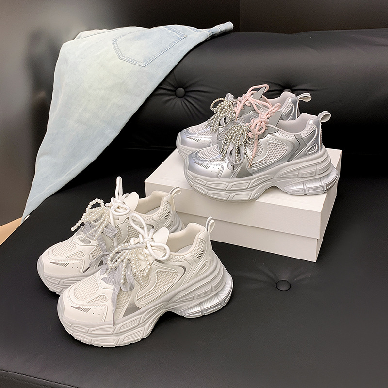 2025 verano nuevo estilo aumento 75mm ~ Doble suela gruesa realce gris zapatos deportivos casuales mujeres zapatos de papá mujeres