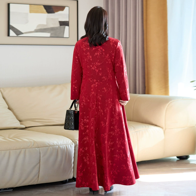 Spring long-sleeve, skirt, plus size, V-neckline, slim fit