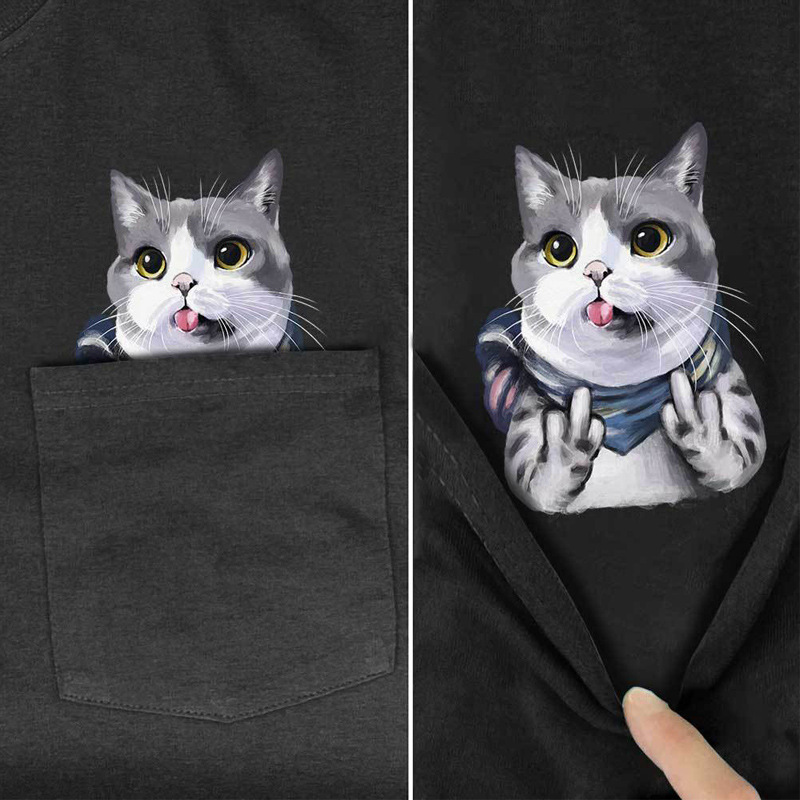 Pocket Short Sleeve Men's CLOOCLT T-shirt Cat T Brown Bear Middle Finger Printed Patch Bag Fun and Novelty Pet_voghion.com