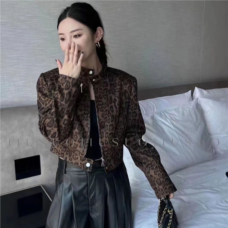2025春季复古新款时尚豹纹短款设计百搭外套机车服夹克上衣小个子