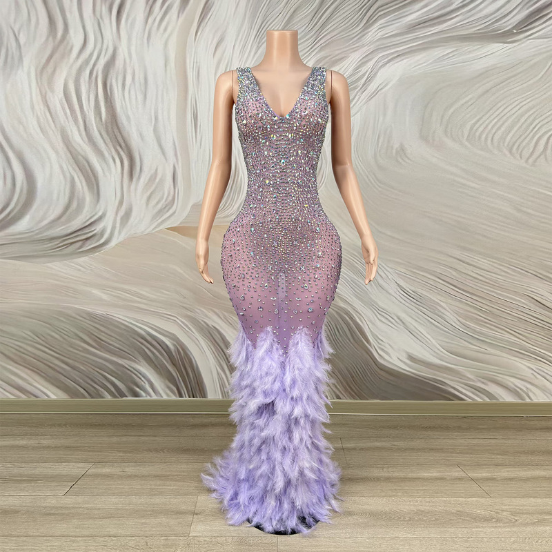 2026 New Dreamy Purple Feather Hem Dress with Colorful Rhinestone Straps, Long Dress for Birthday Party, Art Exam, Fashion Show, Pageant Evening Gown 2026 New Dreamy Purple Feather Hem Dress with Colorful Rhinestone Straps, Long Dress for Birthday Party, Art Exam, Fashion Show, Pageant Evening Gown