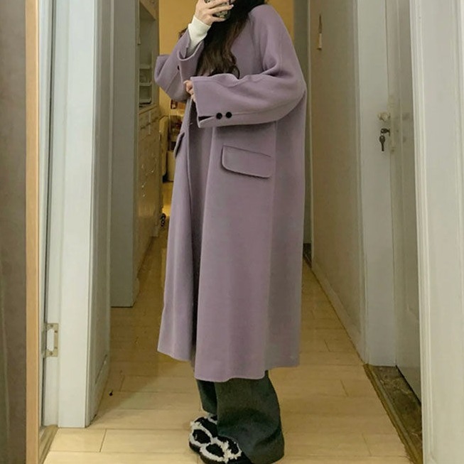紫色毛呢大衣女2023秋冬季新款韩系高级感赫本风小个子中长款外套