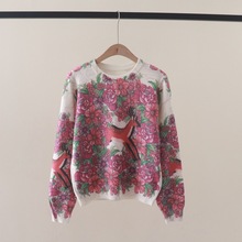 秋冬新款玫瑰花朵小鹿印花圆领套头长袖针织衫打底外穿毛衣