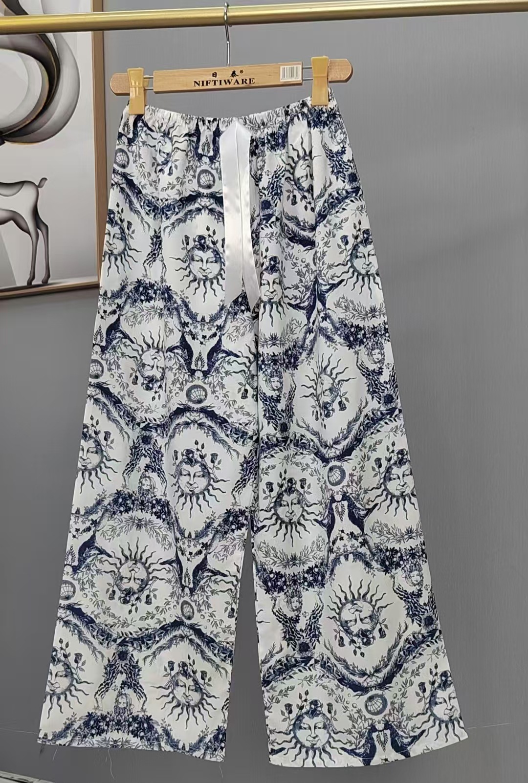 Pijama de seda de algodón para mujer, pantalones anchos de mujer embarazada de seda de algodón con estampado fino de verano