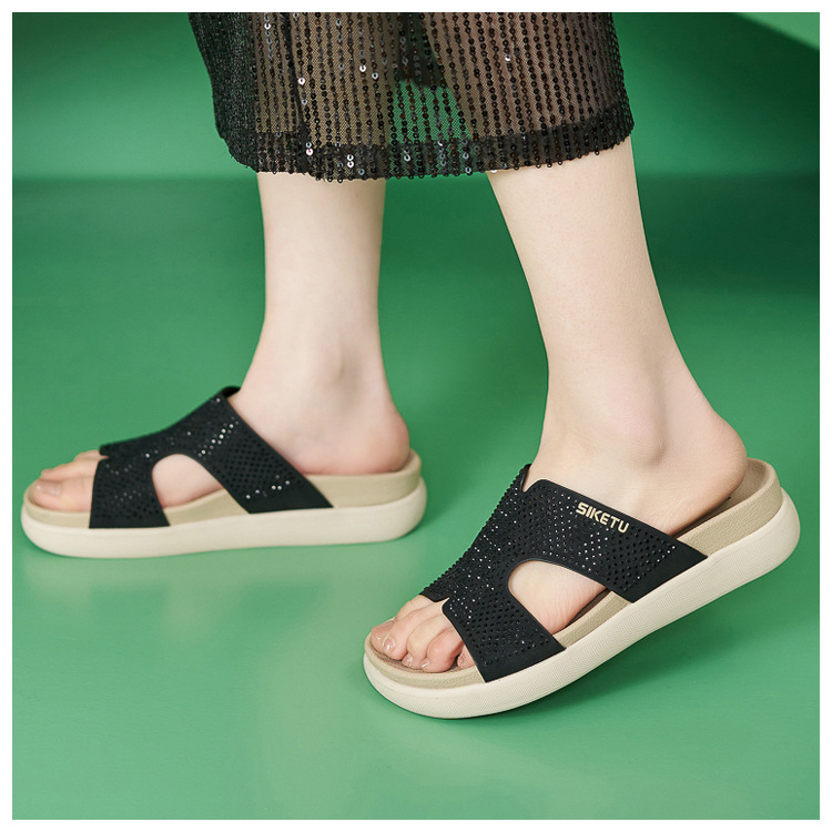 Dép sandal nữ xỏ ngón đế bệt đính đá lấp lánh phong cách Hàn Quốc — màu đen, màu hồng, màu mơ chi tiết 17