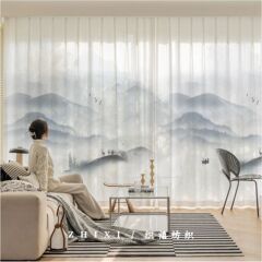 新中式3D风景水墨画窗帘纱中古风客厅卧室餐厅透光微透人雪纺纱帘