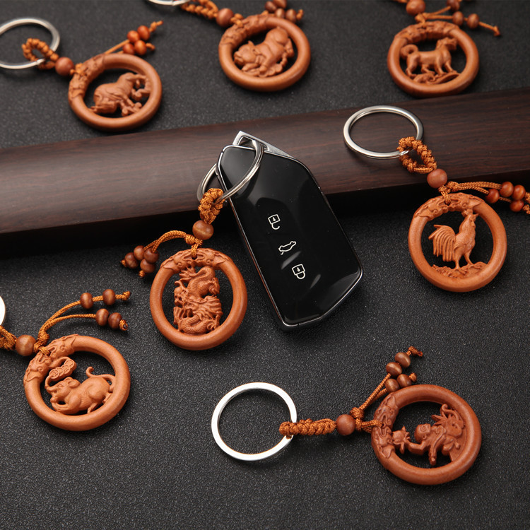 Zodiac peach wood keychain double-sided carving Zodiac Guardian pendant car key chain jewelry