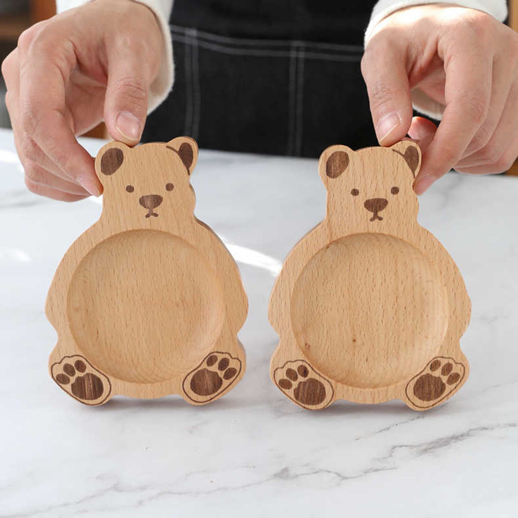 Plato pequeño de madera de haya estilo japonés con forma de oso, plato pequeño de madera maciza para el hogar, plato para salsa y vinagre de restaurante de hotel con diseño de dibujos animados, personalizable con logotipo.