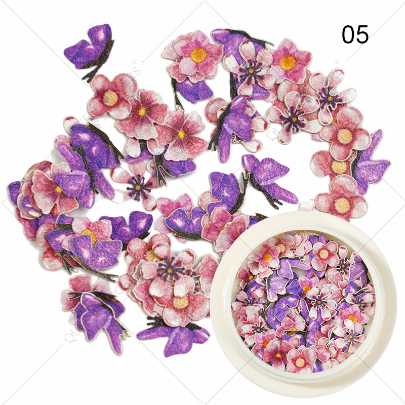 Joyas de manicura de la princesa inswind coloridas flores y hojas pájaros mariposas primavera serie de pulpa de madera parche de manicura