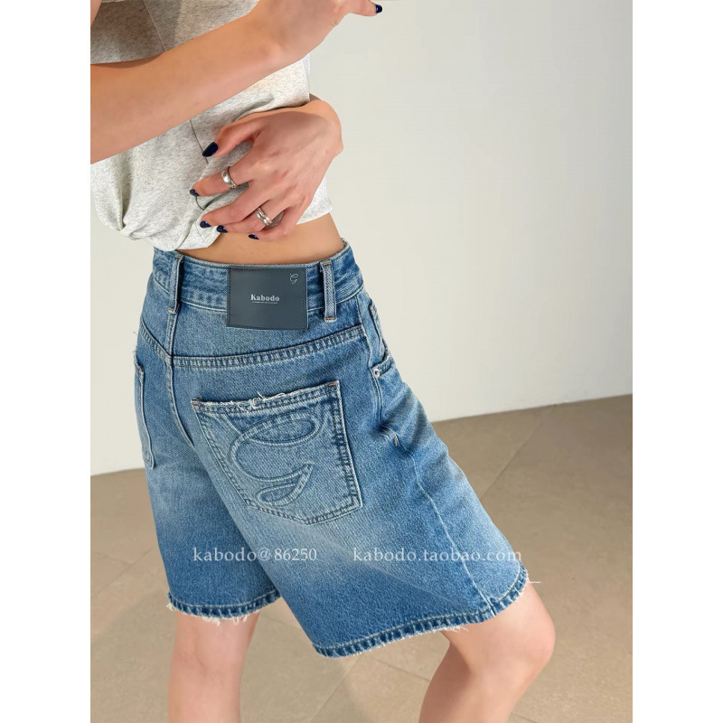 Women's denim shorts Kabu 2026 summer thin wide-leg pants with frayed edges, high-waisted A-line shorts