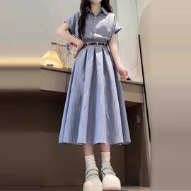 2026新款韩系学院风蓝色短袖衬衫连衣裙子女夏季气质高级收腰长裙