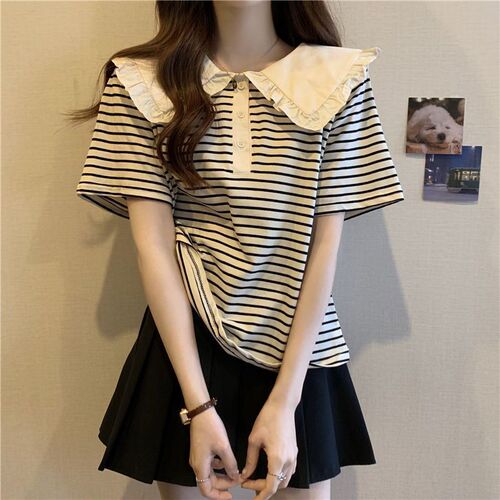 Large size fat baby collar stripe ruffled short-sleeved shirt for women, loose slimming belly-covering top for women, 2- 300kg