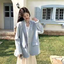 白枕鹤蕾丝花边西装外套女春秋新款蓝色气质名媛西服流行