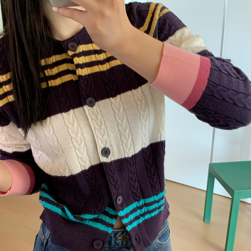 女早秋撞色条纹针织开衫 百搭韩系拼色麻花开衫 2色 批发 0.27kg|undefined