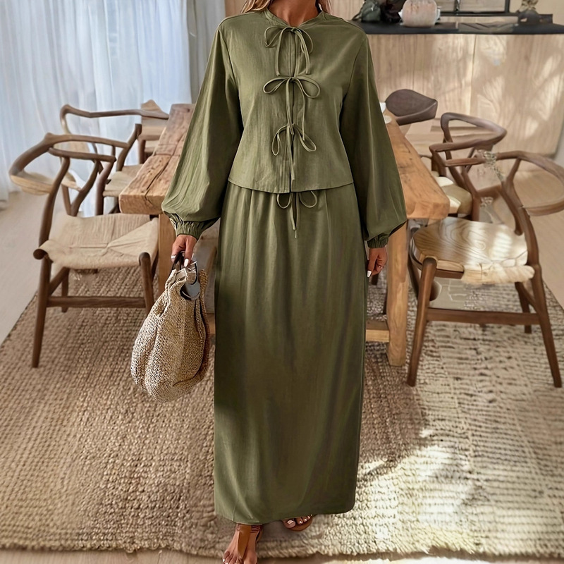 欧美女装2025新款复古茶系穿搭一整套泡泡袖衬衫套装夏季女半身裙|undefined