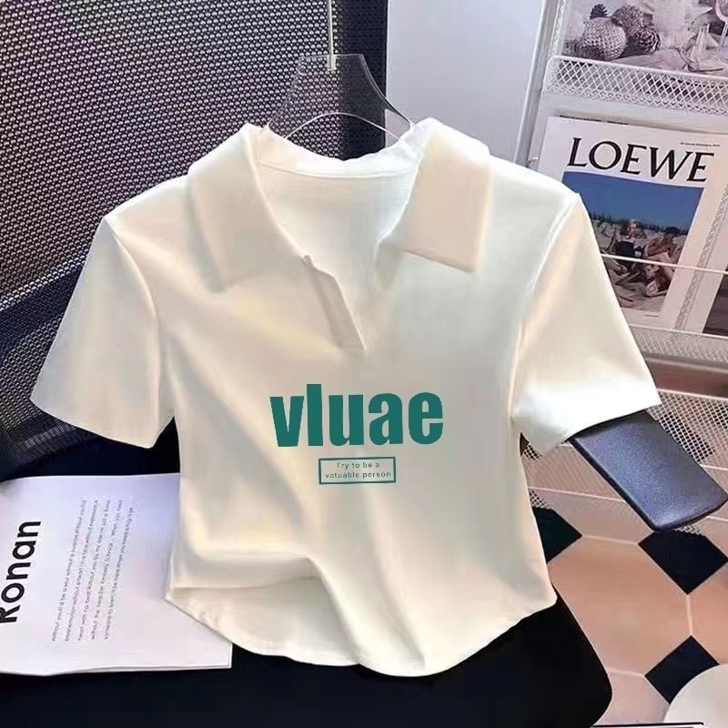 Pure Cotton White Lapel Short-Sleeved T-Shirt for Women 2025 Summer New Slimming Look Hot Girl Short Printed Tops