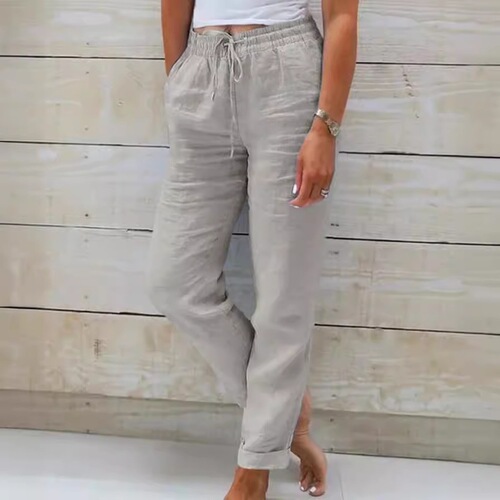 Europe and America cross-border new foreign trade Amazon wish women's high-waist elastic waist pure color cotton linen casual pants