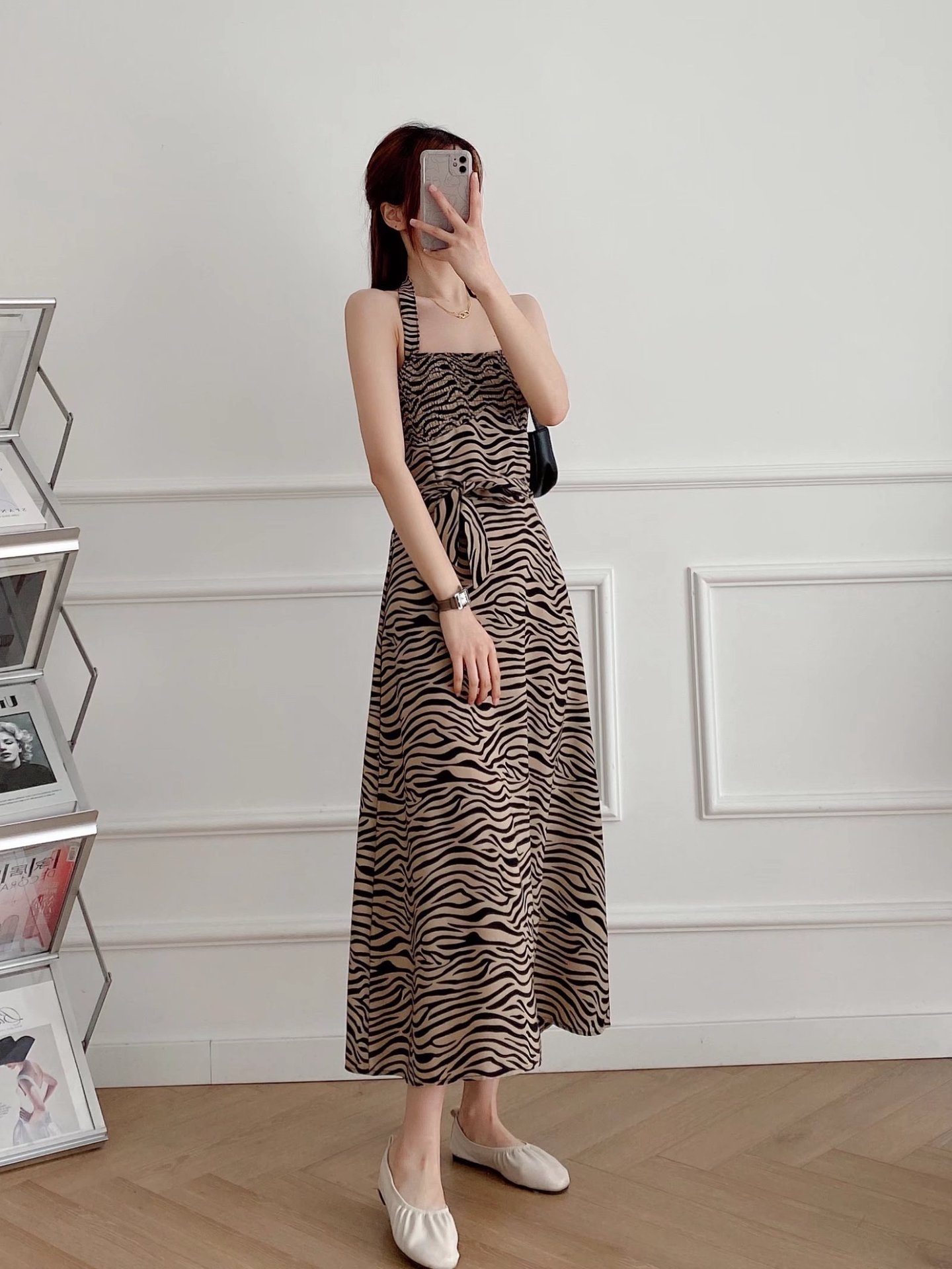 Halter-Neck Zebra Print Waist Dress NSAM109995