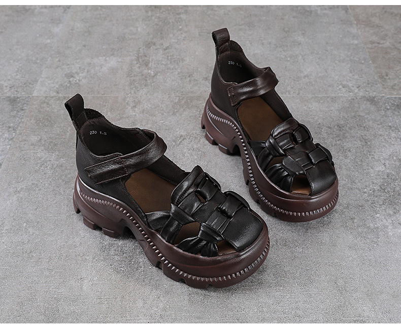Sandal nữ da bò thật đế dày phong cách La Mã, mũi kín, quai đan dây — màu nâu chi tiết 16