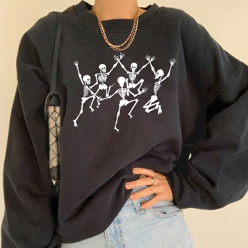 women s dropped shoulder round neck dancing skull prined fleece sweatershirt nihaostyles wholesale costumes NSYUM79720