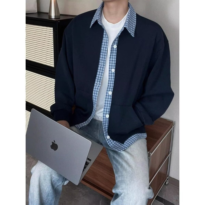 Plaid Patchwork Fake Two-Piece Sweatshirt for Men, Spring and Autumn Lazy Style Turn-Down Collar Cardigan Jacket, Cleanfit Couple's Outerwear Plaid Patchwork Fake Two-Piece Sweatshirt for Men, Spring and Autumn Lazy Style Turn-Down Collar Cardigan Jacket, Cleanfit Couple's Outerwear