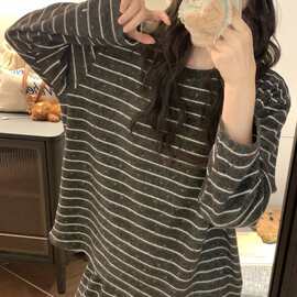 韩国ins新款睡衣女韩系条纹爱心简约舒适套装休闲宽松慵懒家居服