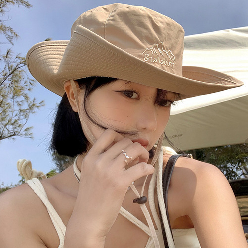 Western cowboy hat for women, summer thin breathable large brim outdoor camping hiking hat, sunshade and sunscreen fisherman's hat
