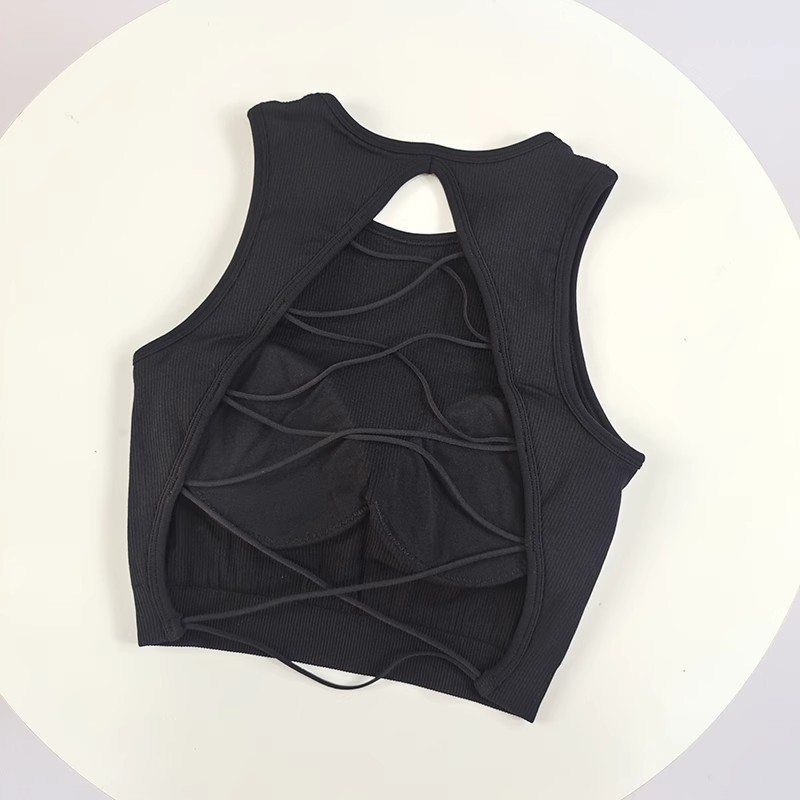 Hermoso chaleco de yoga con cordones cruzados, ropa interior deportiva de copa fija para mujer, ropa deportiva para correr, top sexy