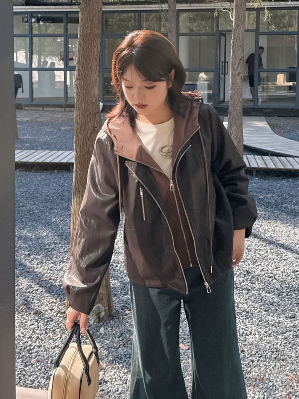帅气痞感机车风连帽pu皮外套2025秋季新款大码女装显瘦上衣323298|undefined