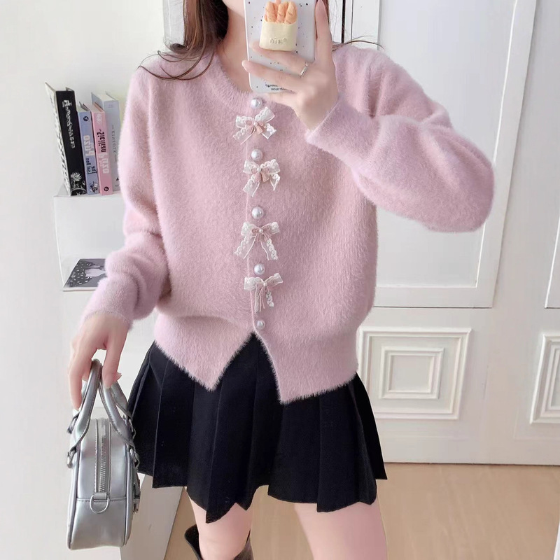 Sweet Pink Bow Sweater Cardigan for Women 2025 Autumn and Winter New Korean Style Soft and Waxy Loose Long-Sleeved Knitted Top